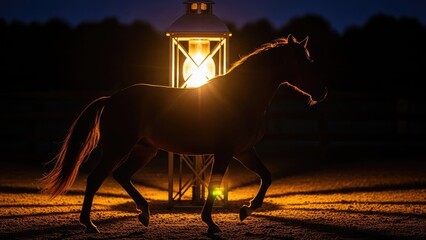 Graceful equine silhouette captured at night, bathed in the warm, dramatic glow of a rustic lantern, highlighting its majestic form against the twilight