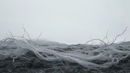 Delicate frozen branches covered in ice and frost create an abstract winter landscape with a monochrome palette
