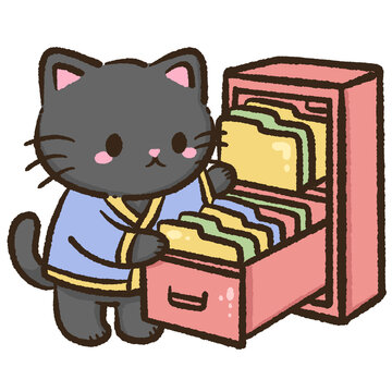 A cute gray black cat wearing a soft blue outfit stands beside an open pink filing cabinet and carefully sorts colorful folders with a calm cozy office feeling and gentle pastel style