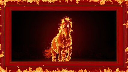 A majestic horse engulfed in flames, showcasing a powerful and dynamic display of fiery energy against a dark backdrop