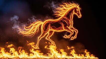 Dynamic Fiery Horse in Motion A Vibrant Digital Illustration Capturing Raw Power, Untamed Spirit, and Intense Energy with Blazing Flames Against a Dark Backdrop