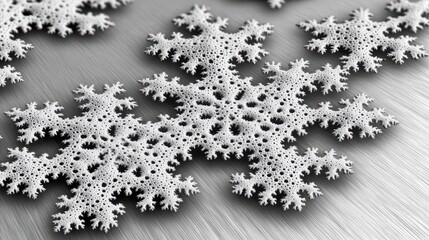 Intricate fractal patterns formed by complex geometric structures showcase detailed organic and scientific designs on a textured surface