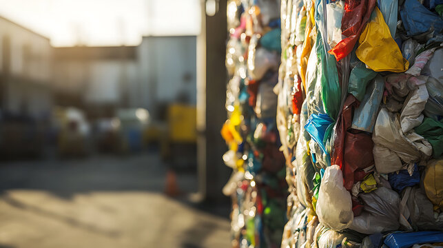 Bales of colorful plastic waste, ready for recycling in a factory or recycling center. Shows waste management and commitment to eco-friendly solutions for a sustainable future.