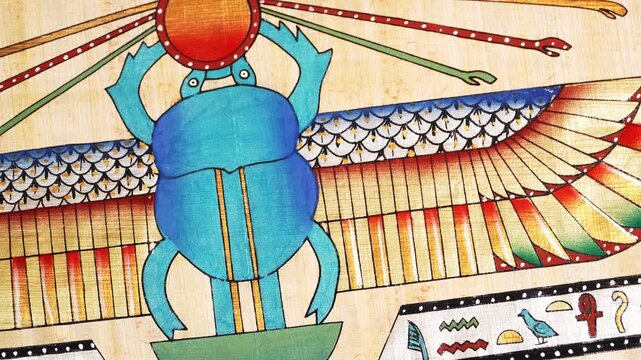 Egyptian scarab beetle with colorful wings holding sun disk on papyrus, ancient symbol, hieroglyphs, traditional art, sacred beetle Khepri, religious iconography, cultural heritage.
