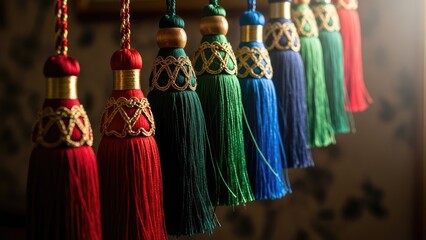 A vibrant collection of traditional silk tassels in a colorful gradient, featuring rich textures and golden accents, meticulously arranged and hanging decoratively