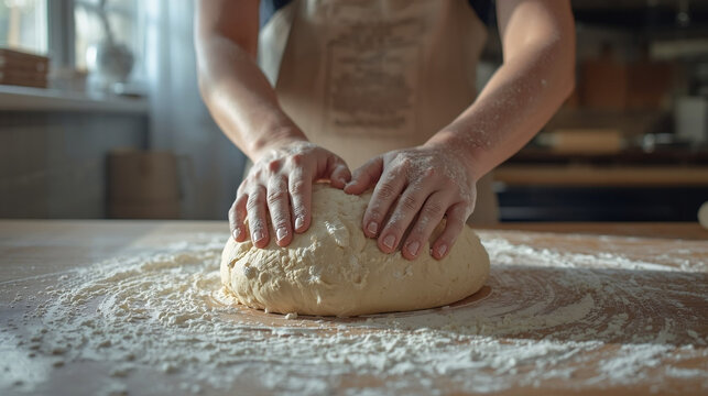 Hands kneading dough on a floured surface in a bakery kitchen. Natural light, minimal background. Concept of baking and artisanal food production.