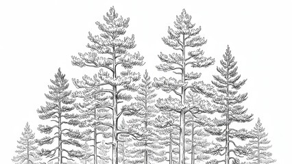 Obraz premium Detailed black and white illustration of pine trees in forest setting