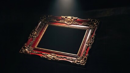 Ornate antique empty picture frame with golden embellishments casting a shadow on a dark background