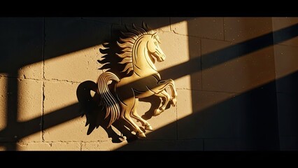 Golden Horse Emblem Bathed in Dramatic Sunlight and Shadows on a Textured Wall, Symbolizing Strength, Prestige, and Artistic Grandeur