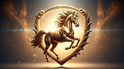 Majestic golden horse emblem, exquisitely crafted and dynamic, set within an ornate shield against a luxurious, glowing background, symbolizing strength, nobility, and timeless elegance
