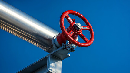 Industrial pipeline with a vibrant red valve set against a clear blue sky. Structural support provides stability. An essential element of a fluid transport system.