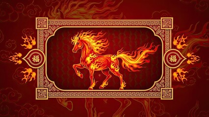 Vibrant illustration of a majestic flaming horse, intricately framed with traditional Asian patterns and symbols of luck, embodying strength, prosperity, and auspicious beginnings