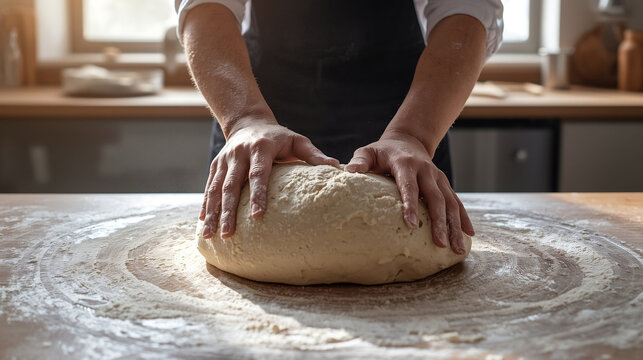 Hands kneading dough on a floured surface in a bakery kitchen. Concept of baking and artisanal food production.