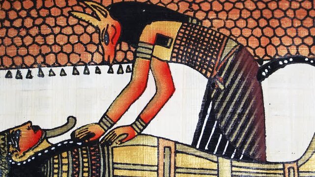 Ancient Egyptian mummification scene on papyrus, priest performing ritual on mummy, hieratic art, funeral ceremony, religious symbolism, traditional painting, cultural artifact.