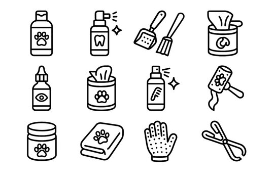 Vector hygiene icons roller poop glove deodorizing fur drops towel pet icon