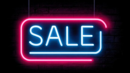 Illuminated neon sign on a dark brick wall spelling the word "SALE". The sign has a pink frame and blue letters