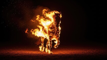 A majestic equine figure emerges from the darkness, a powerful symbol consumed by vibrant, blazing flames, depicting raw energy and mystical strength against a stark, black background