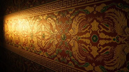 Dramatic Illumination on an Ornate Eastern Tapestry with Golden Dragon Motifs and Intricate Traditional Patterns, Evoking Ancient Mysticism