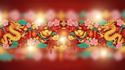 Festive Chinese New Year Decoration with Dragons, Lanterns, and Flowers
