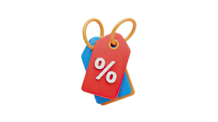 3D Red Discount Tag with Percent Symbol and Blue Tag on transparent background