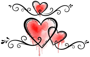 Delicate, hand-drawn style pink and red watercolor hearts with ornate black swirling flourishes and a subtle distressed texture, gracefully intertwined and, isolated on transparent background.