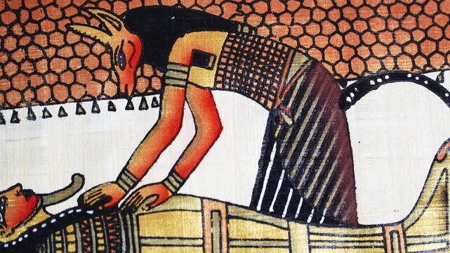 Ancient Egyptian mummification scene on papyrus, priest performing ritual on mummy, hieratic art, funeral ceremony, religious symbolism, traditional painting, cultural artifact.