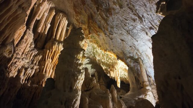 Interior of a large, dark cave showing amazing speleothem rock formations illuminated by lights