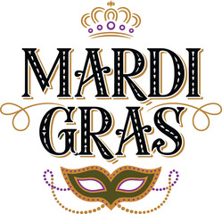 Mardi Gras decorative typography banner with carnival mask, crown, and beads vector illustration © nitthi