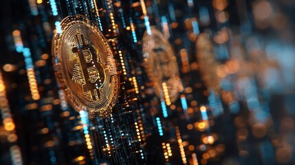 A close-up view of shimmering gold coins symbolizing cryptocurrency against a blurred, tech-inspired backdrop. The design has digital circuit elements