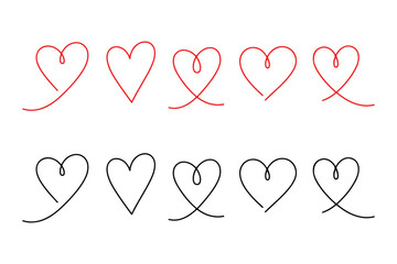 Collection of hand-drawn heart symbols in red and black ink on a white background