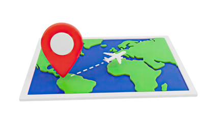 Airplane Traveling Across World Map with Location Pin on transparent background