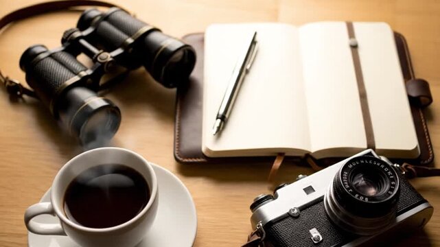 Vintage Travel Essentials Flat Lay with Camera, Binoculars, Coffee, Notebook