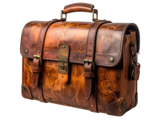 Close-up studio shot of a vintage leather briefcase with buckles and a handle