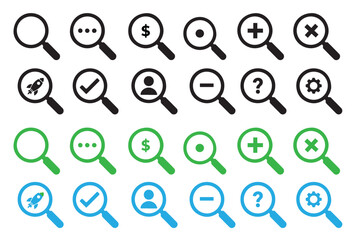 Magnifying glasses with various symbols examining different aspects
