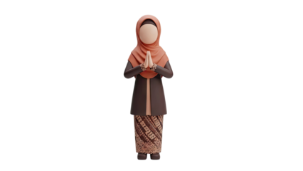 3D Muslim Woman in Hijab and Traditional Batik Skirt Welcoming on transparent background