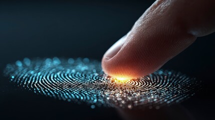 Close-up of a finger touching an illuminated fingerprint scan against a dark background, representing digital identification