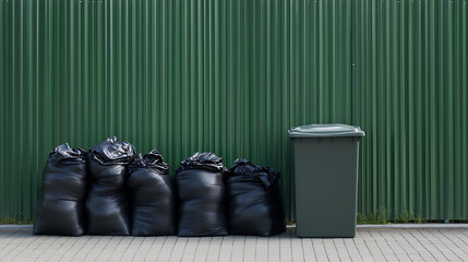 A tidy row of black garbage bags sits alongside a lidded receptacle, against a green metal wall. The scene evokes waste management & the everyday task of disposal.