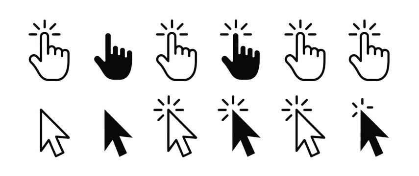 background white with set of hand cursor icons click and cursor icons click, mouse interface, link selection, and digital clicking.