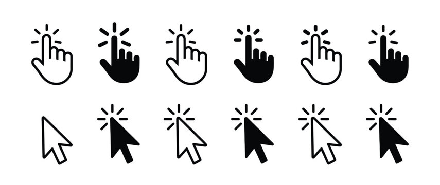 background white with set of hand cursor icons click and cursor icons click, featuring modern arrow pointers, selecting fingers, link indicators, and digital navigation symbols for website user.