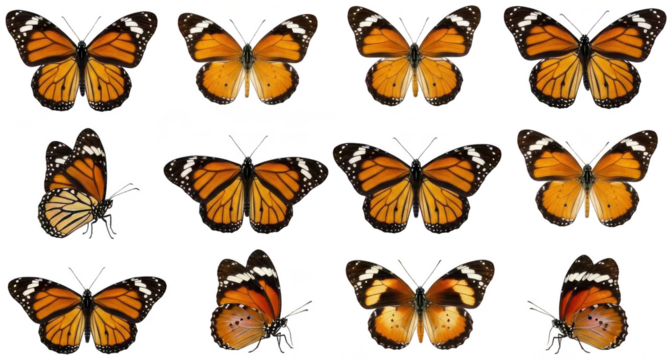 Several intricately detailed, realistically rendered monarch butterflies with vibrant orange and black patterned wings, delicately posed with their wings, isolated on transparent background. - Powered by Adobe
