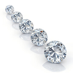 Graduated Round Brilliant Cut Diamonds in Increasing Sizes Isolated on White Background.