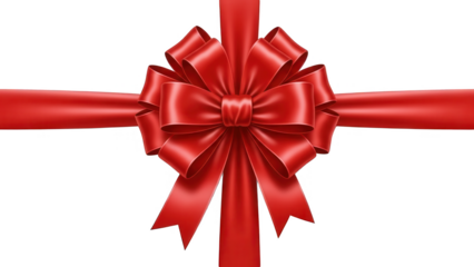 A vibrant, realistically rendered red satin ribbon with a large, intricately detailed bow sits centered, showcasing a lustrous sheen and subtle folds, presented, isolated on transparent background.