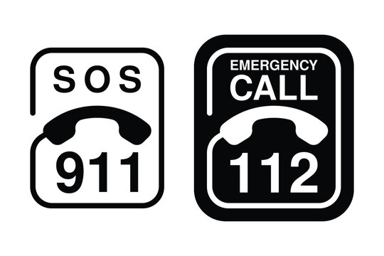 Emergency SOS Call Icons Set with International 911 and 112 Rescue Numbers, Telephone Handset Symbols, and Minimalist Safety Signage for Urgent Assistance and Security - High Vectorial Stock Image