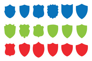 A collection of colorful shield icons arranged in rows on a white background