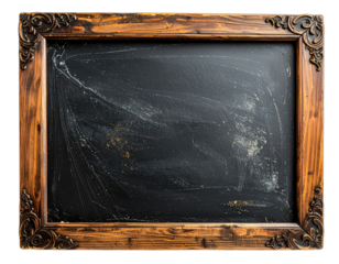 A dark chalkboard with visible smudges encased in a decorative wooden frame