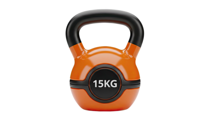 3D Orange and black 15kg kettlebell on transparent background
