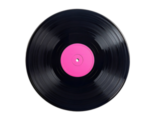 A close-up studio shot of a vinyl record with a pink label against a black backdrop