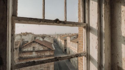 Urban Glimpse - Weathered Window Frame Overlooking Cityscape.