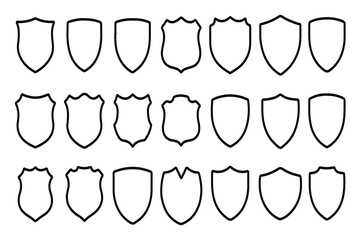 A collection of simple shield icons in various shapes and designs