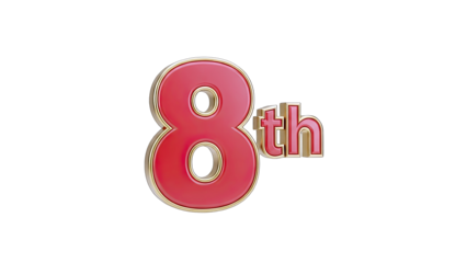 3D Red Number 8 with Gold Trim and 'th' on transparent background